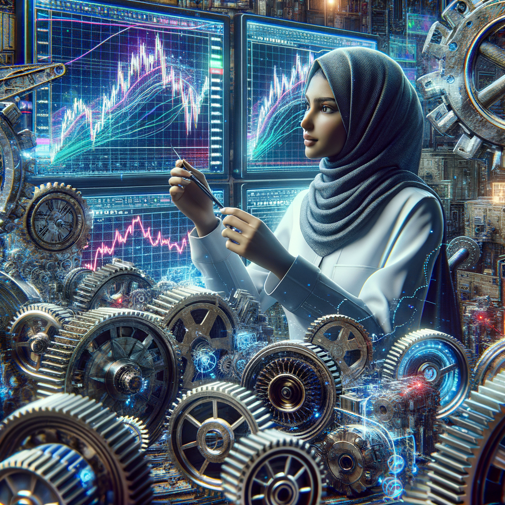 A cartoon engineer assembling a high-tech Forex robot in a workshop, with gears, monitors, and trading charts surrounding him.