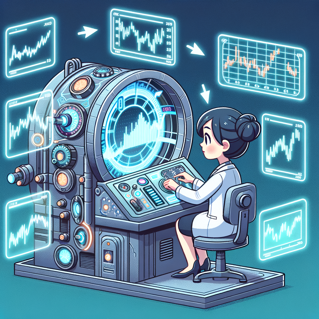 A cartoon scientist using a time machine to test trading strategies in different historical periods, with past and future stock charts flashing around.