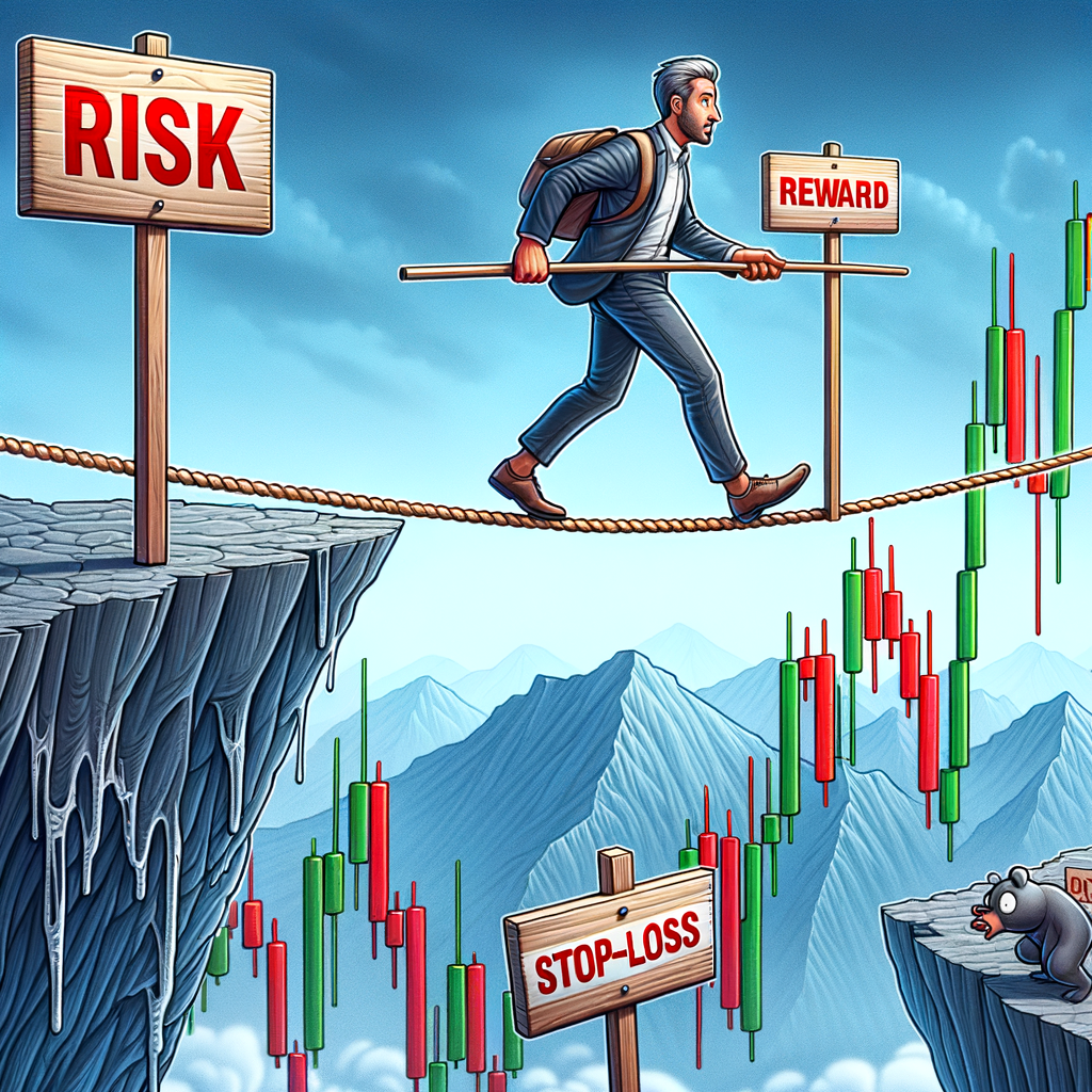 A daring cartoon trader walking a tightrope above a dangerous Forex chart, with 