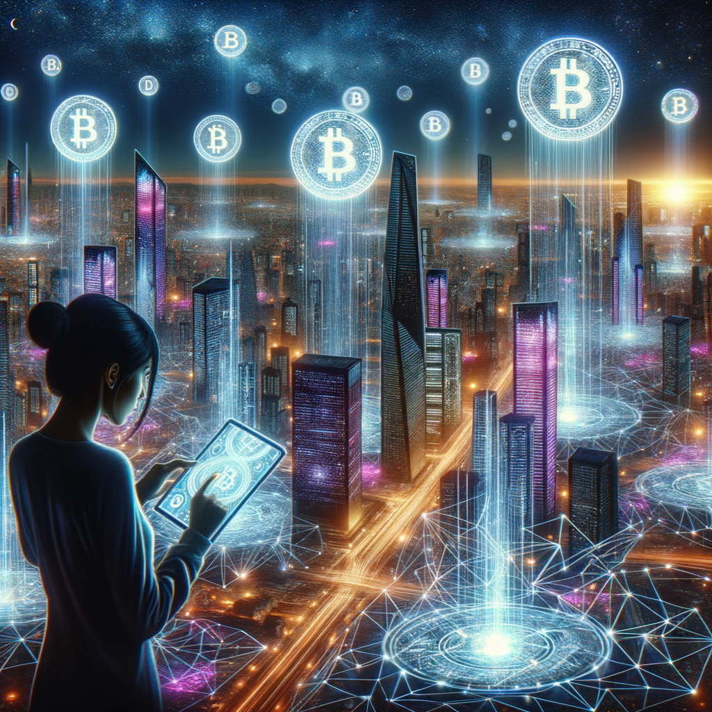 A futuristic cityscape with glowing digital currency coins labeled “CBDC” floating around, while a trader looks on, deciding whether to trade them.