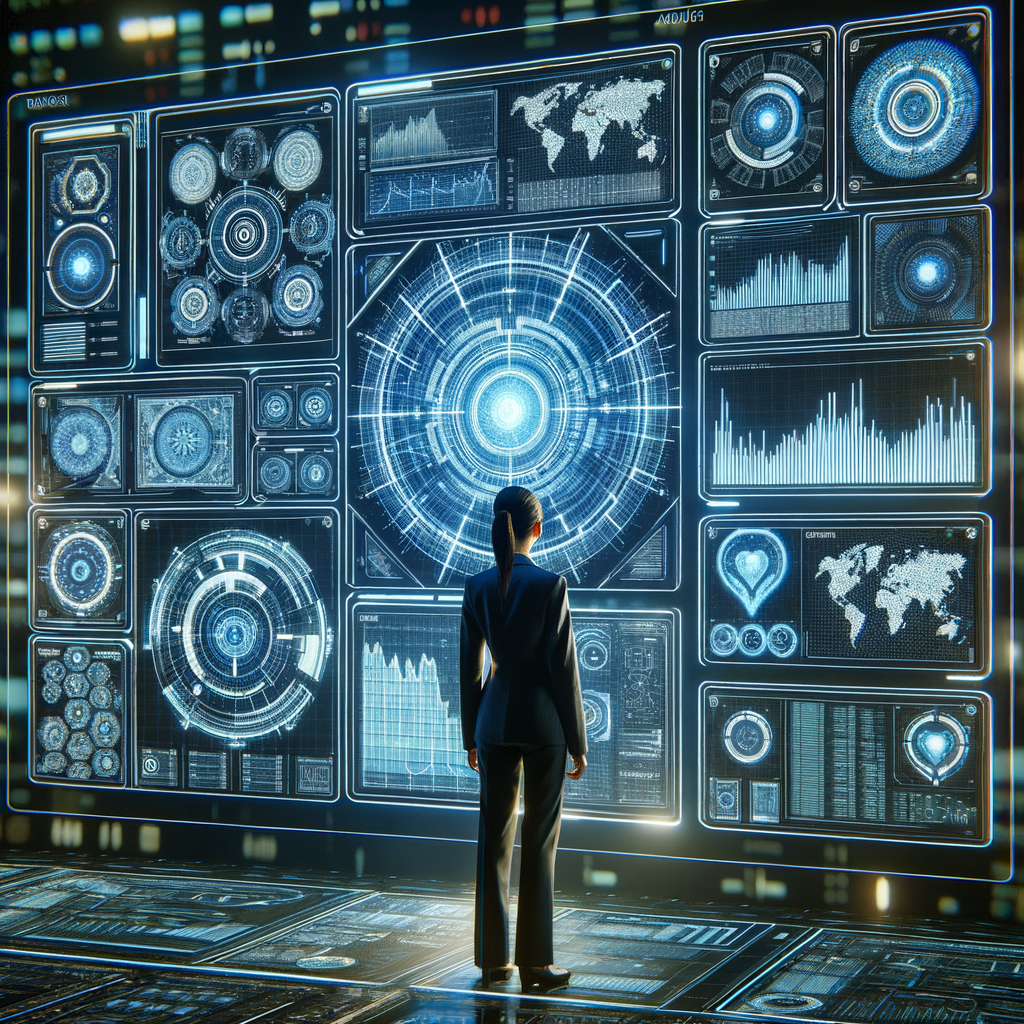 A giant AI-powered robot analyzing complex financial data on multiple holographic screens while a trader watches in awe.