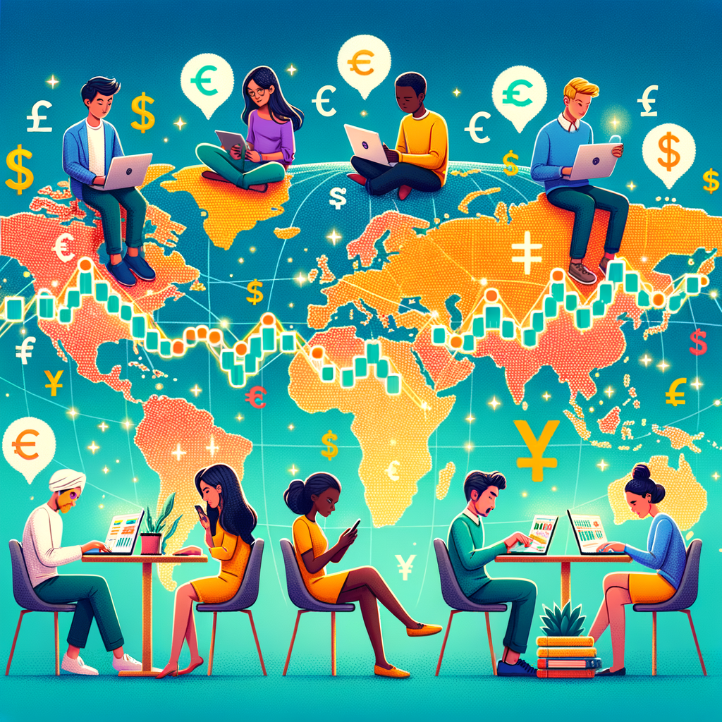 Global Forex traders from different countries including India, Nigeria, Iran, and Argentina using laptops and phones to trade currencies, connected by international money symbols on a digital world map